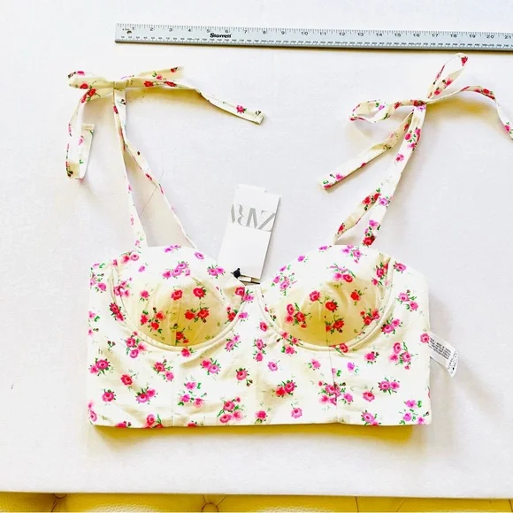 NWT Zara pink white floral crop top L - Picture 6 of 11
